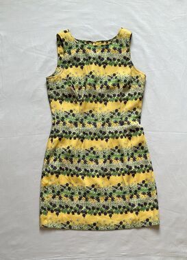 Vintage 90s Guess Yellow Green Floral Print Sleeveless Sheath Mini Dress Size 9